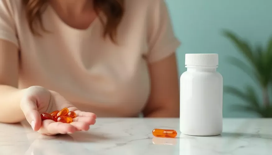 Woman applying cream on her back, with white pills placed nearby.