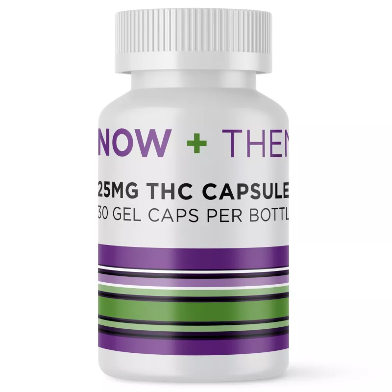 25mg THC capsules bottle with colorful label and 30 gel caps per container.