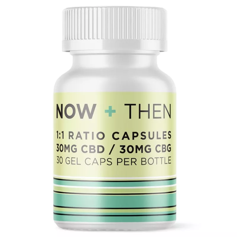 CBD + CBG 1:1 Ratio Gel Capsules – 30 Count CBD and CBG 1:1 capsule bottle with 30 gel caps.