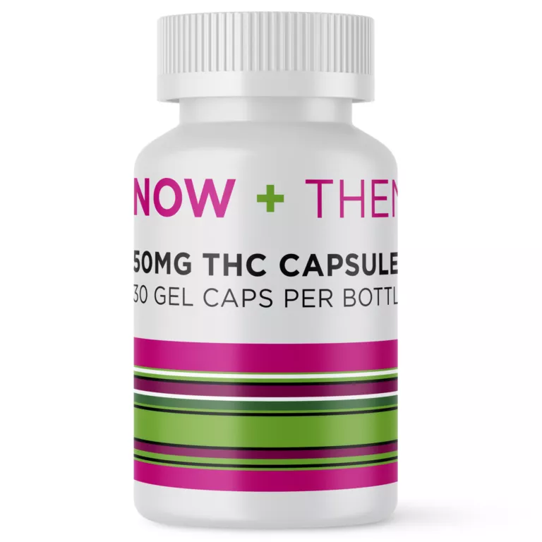 NOW + THEN 50MG THC capsules bottle with colorful label and white cap.