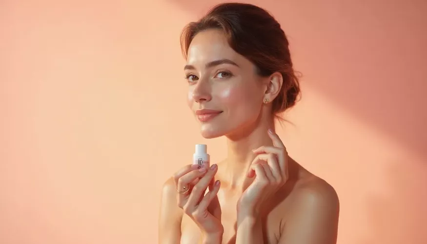 Smiling woman holding a skincare bottle against a soft pink background.