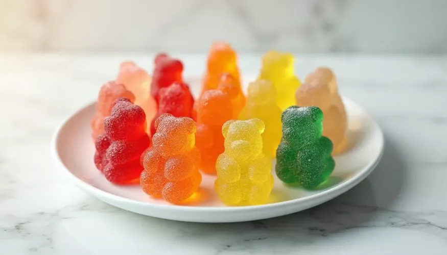 Colorful gummy candies arranged on a pink and blue background.