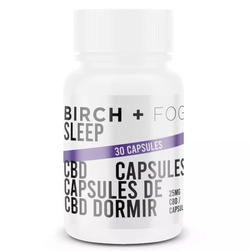 Birch + Fog Sleep Aid CBD Capsules, 30 count, 25mg each.