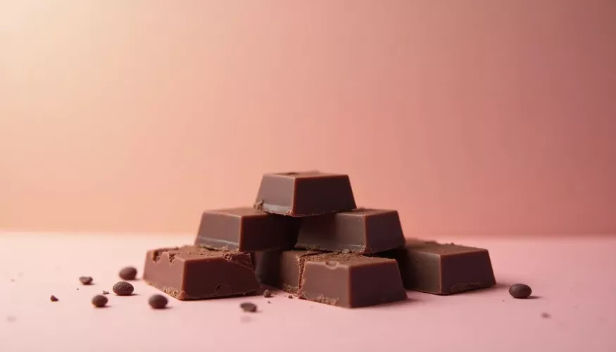 Stack of chocolate squares on a pink surface with scattered chocolate pieces.