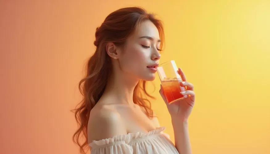 Woman with long hair holds a glass, eyes closed, against a warm gradient background.