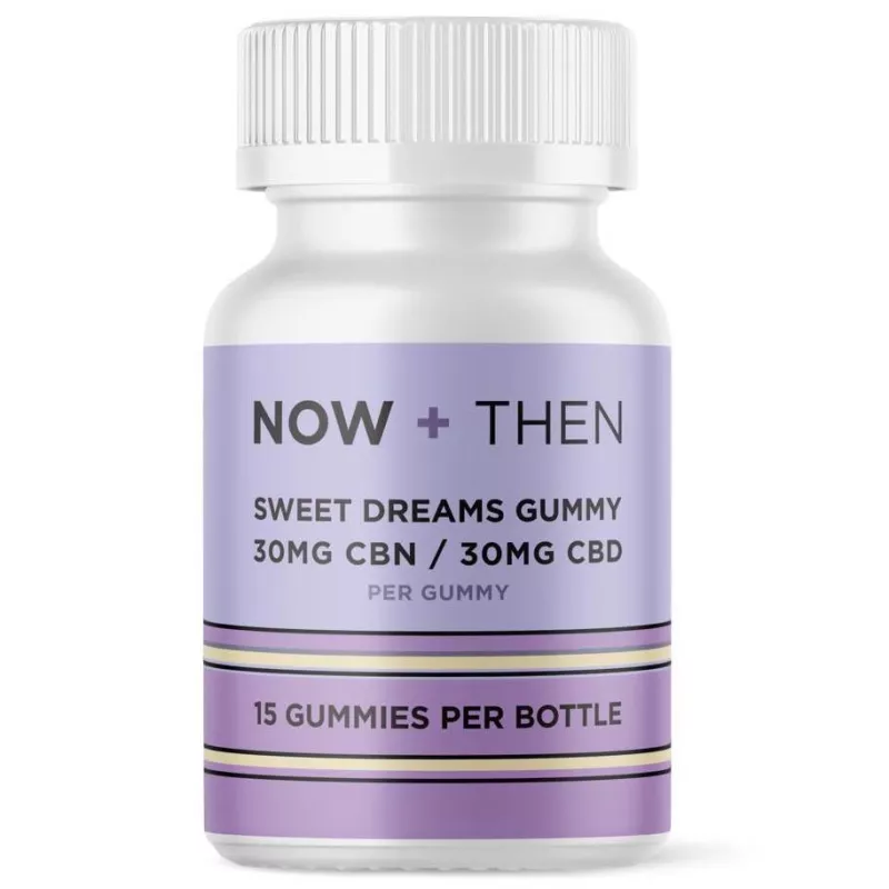NOW + THEN Sweet Dreams Gummies bottle with CBN and CBD for sleep.
