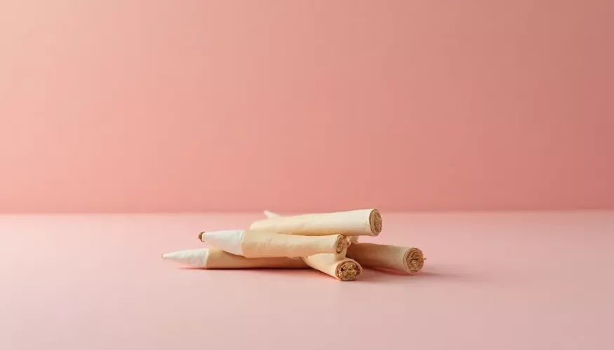 Five rolled items on a soft pink surface against a matching pink background.