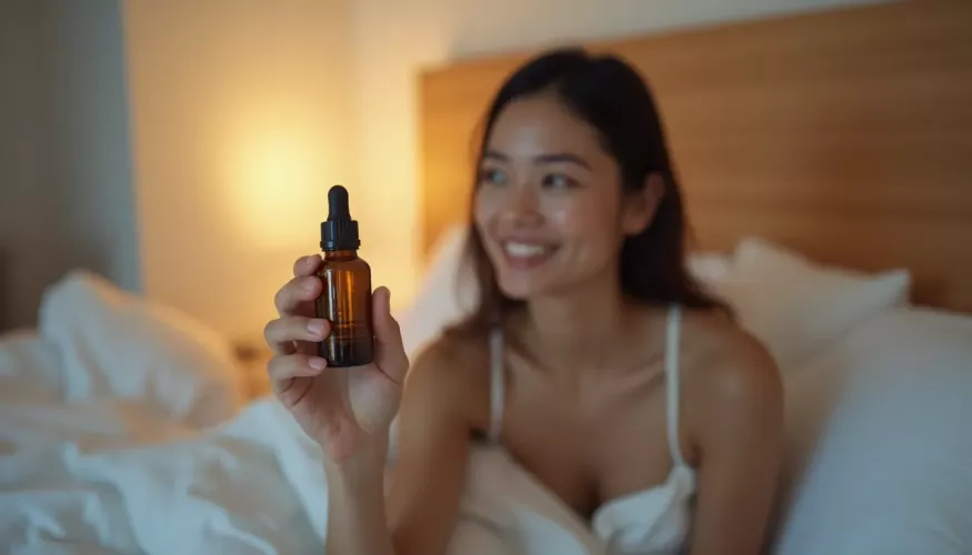 Woman smiling, holding a dropper bottle in a cozy bed setting.