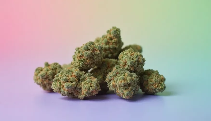 Green cannabis buds arranged on a gradient background.