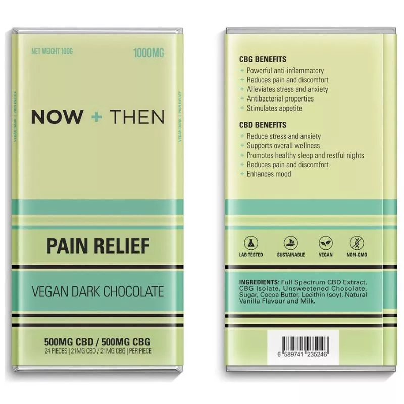 Vegan dark chocolate with CBD and CBG for pain relief, lab tested, non-GMO, sustainable.