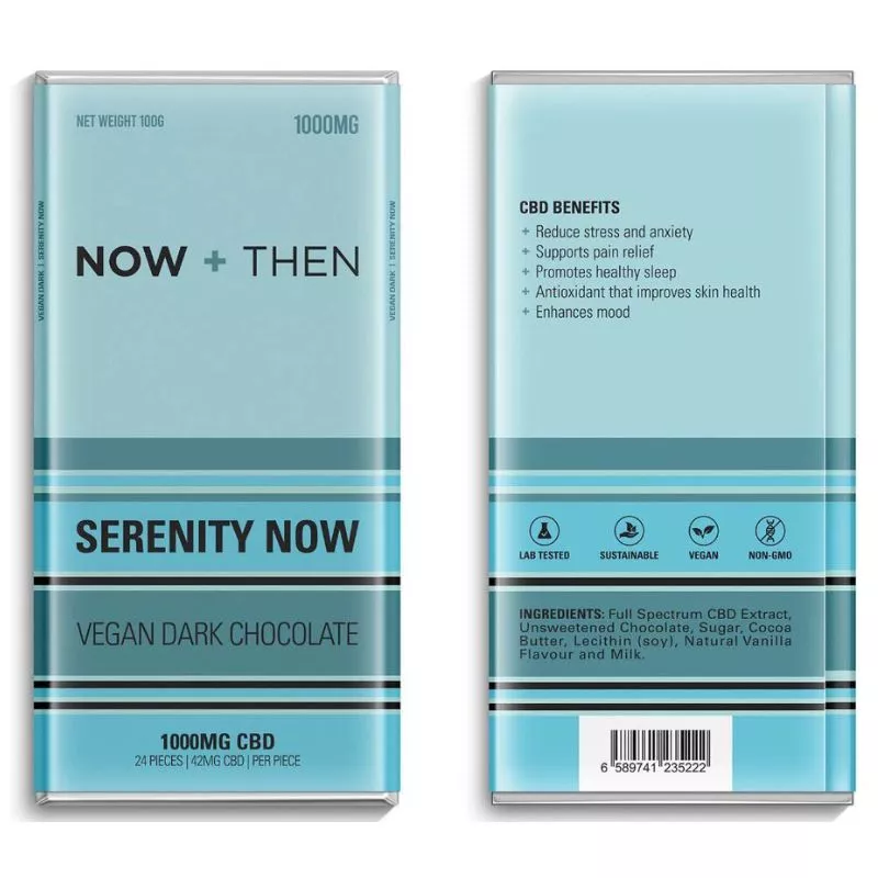 Serenity Now Vegan Dark Chocolate Bar with 1000MG CBD CBD-infused vegan dark chocolate bar SERENITY NOW with 1000MG CBD.