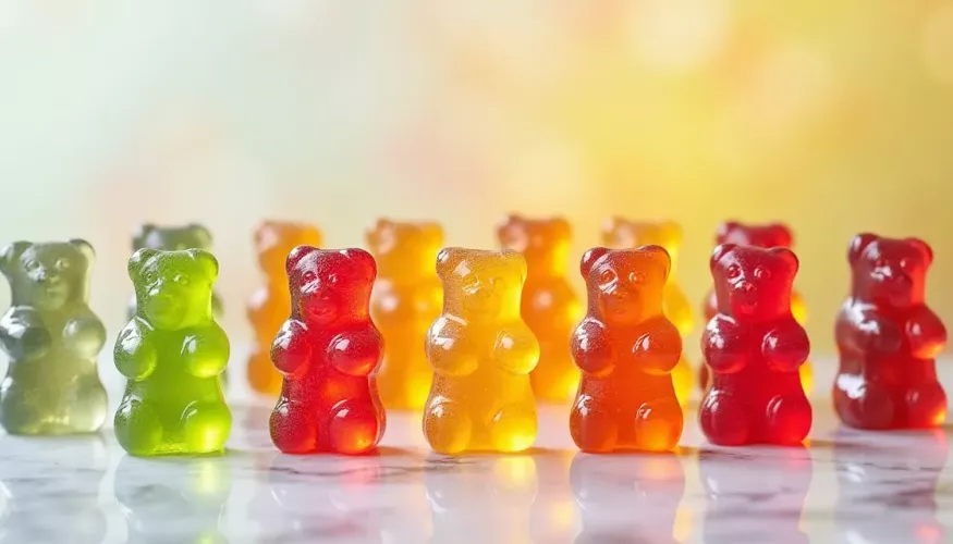 Colorful round candies arranged on a soft pink background.