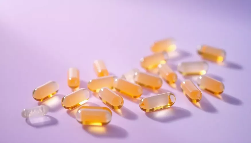 Smiling woman holding yellow gel capsules against a warm, neutral background.