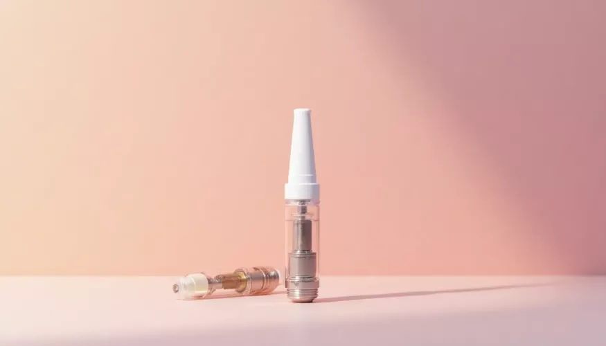 Clear beauty tools on a soft pink background, one upright and one lying down.
