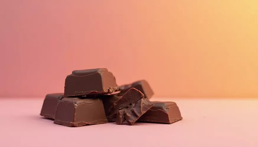 Chocolate pieces stacked on a pink surface with a gradient background.