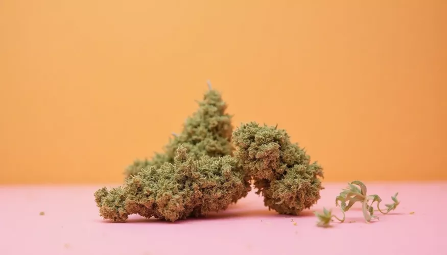 Green cannabis buds on pink surface with orange background.