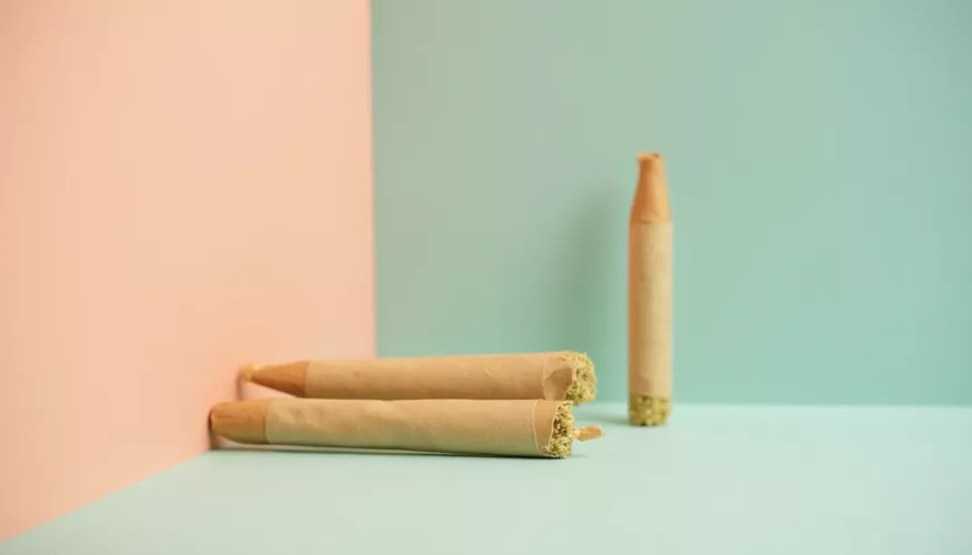 Large, rolled items on a pastel background, with pink and blue sections.
