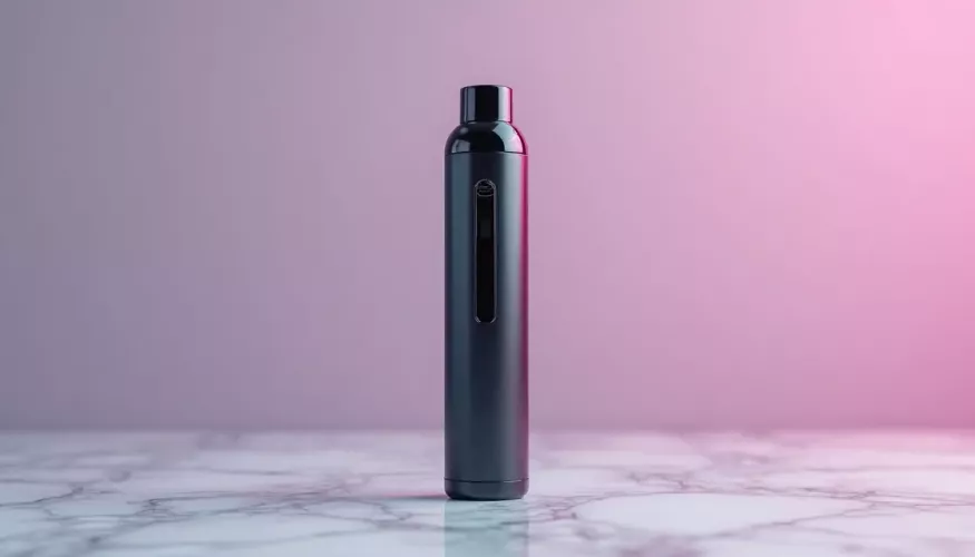Silver vape pen against a gradient background of soft pastel colors.