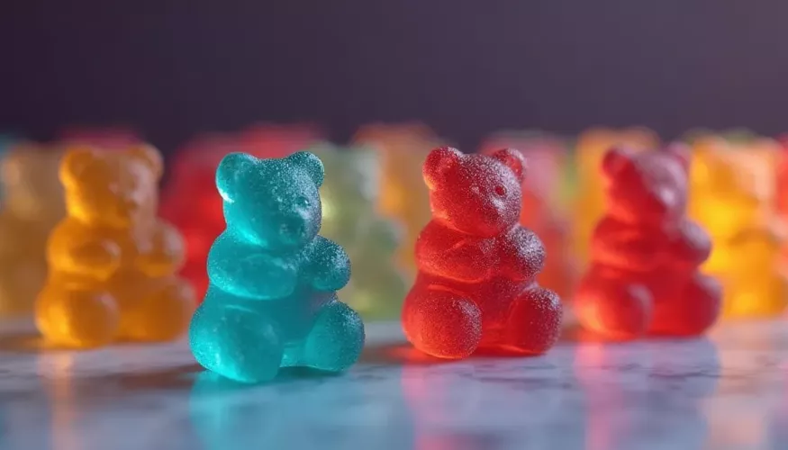Three teddy bears in pastel colors on a pink background.