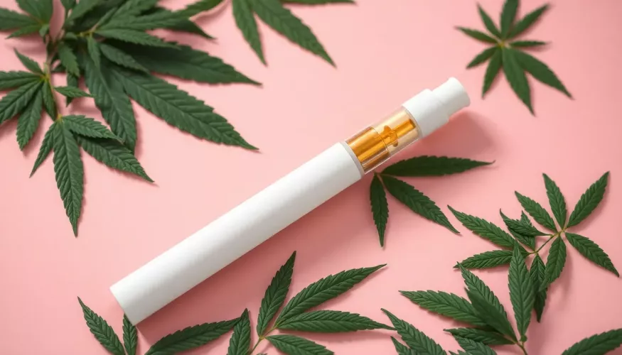 Two vape cartridges in white and clear, set against a pink and blue background.
