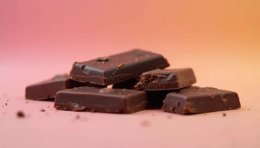 Chocolate pieces stacked on a soft pink and orange gradient background.