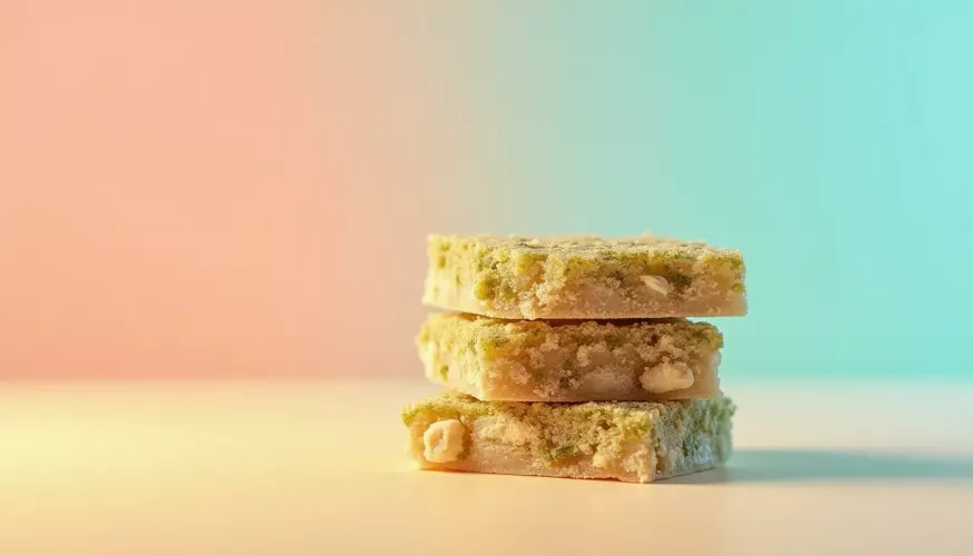Stack of colorful sweets against a gradient background.