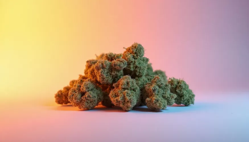 Green cannabis buds on a gradient background of yellow and pink.