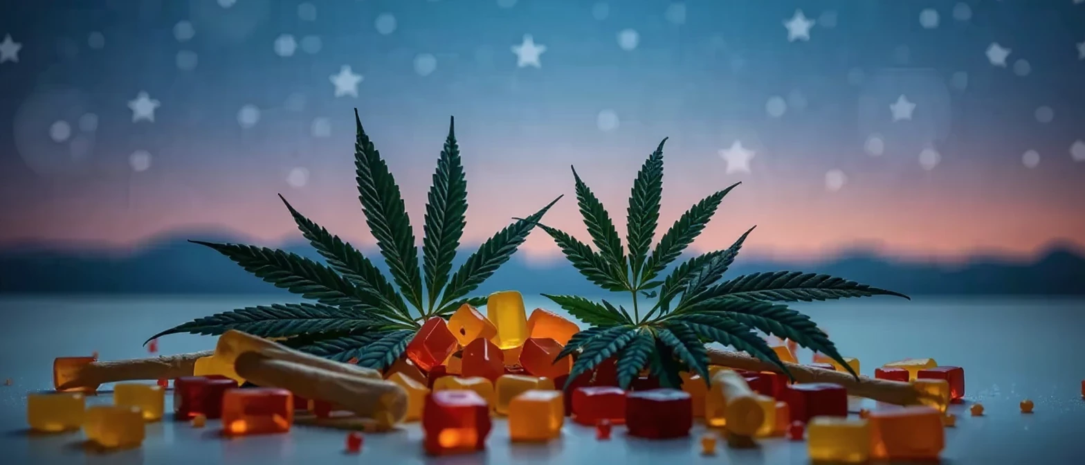 Indica cannabis gummies and leaves