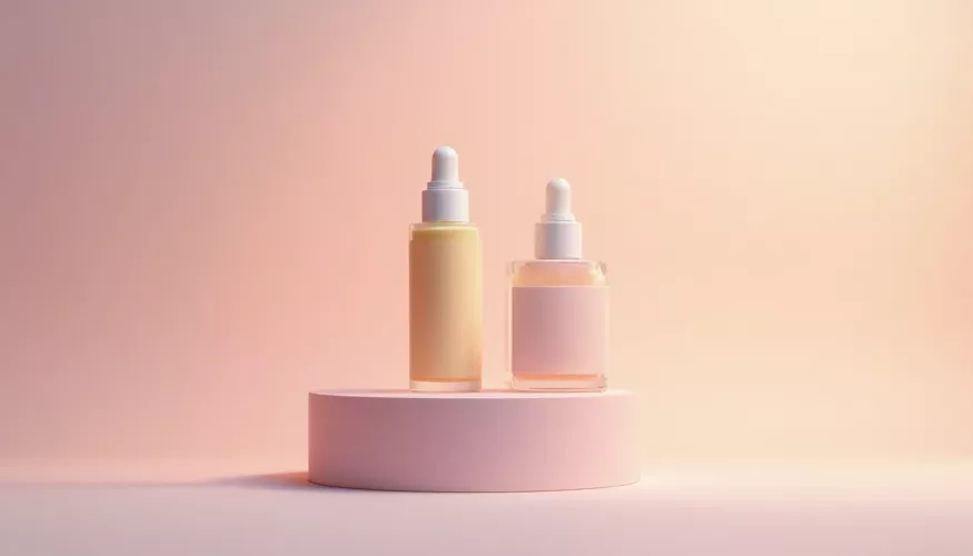 Two dropper bottles in pastel colors on a pink pedestal against a soft gradient background.