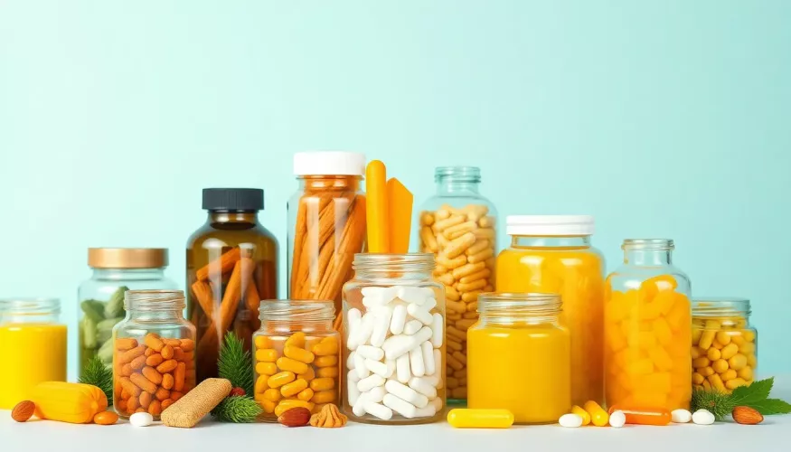 Woman holding a supplement, smiling, with a jar of gummies against a colorful background.