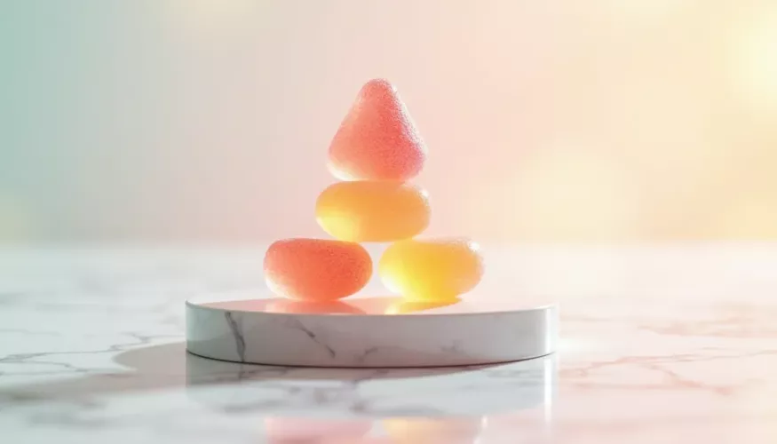 Colorful gummy candies arranged on a reflective surface against a soft gradient background.