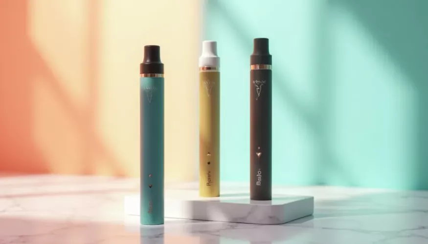 Vape pen standing against a soft purple and orange background.