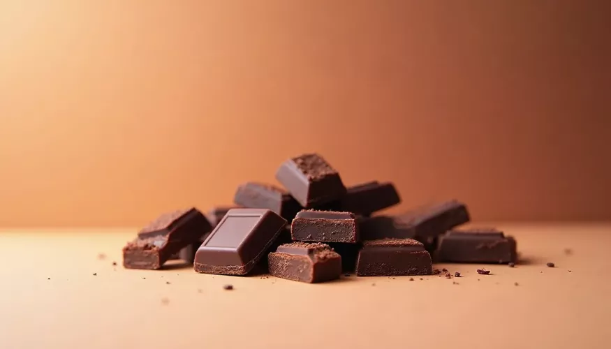 Chocolate pieces stacked on a warm, neutral background.