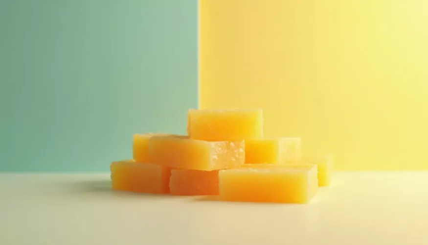 Stack of yellow gelatin cubes against a blue and yellow background.