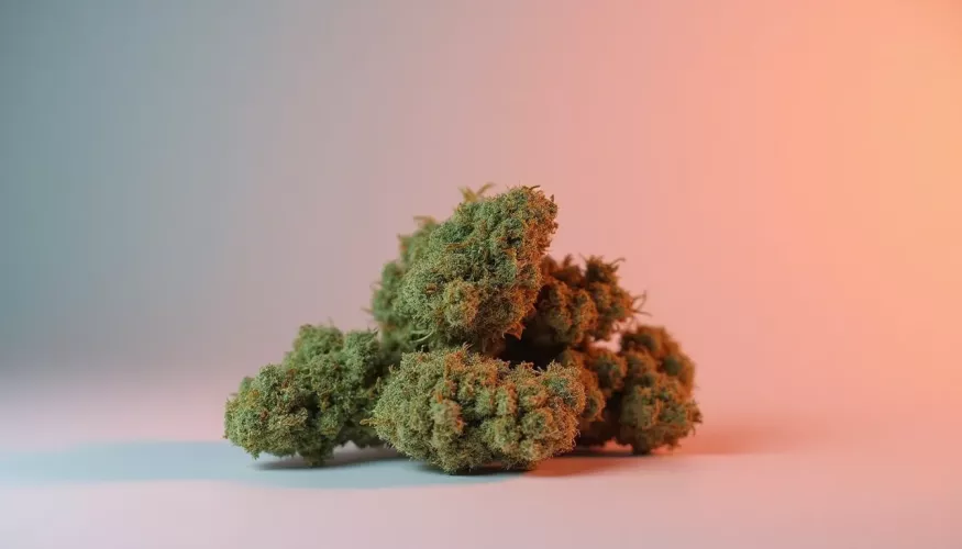 Green cannabis buds arranged on a gradient background.