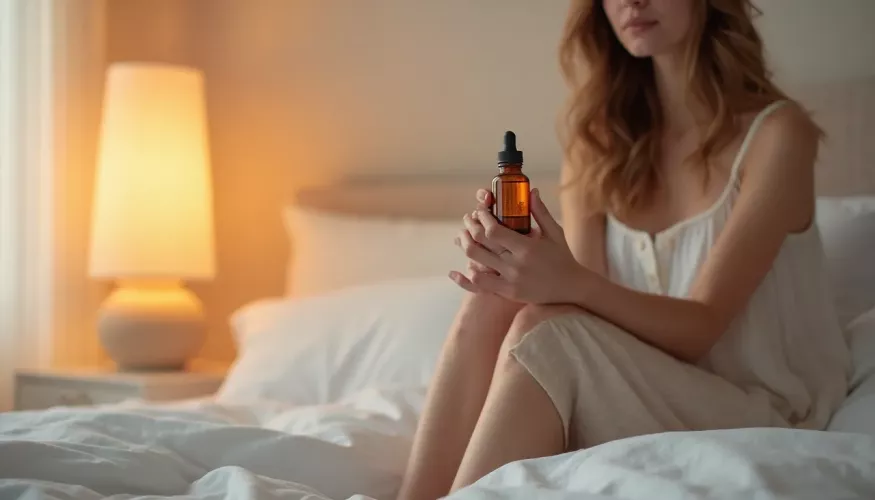 Woman in a light dress holding a dropper bottle, sitting on a bed.