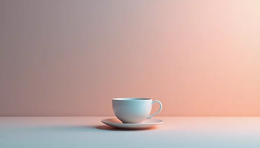 White cup on a saucer against a soft gradient background.