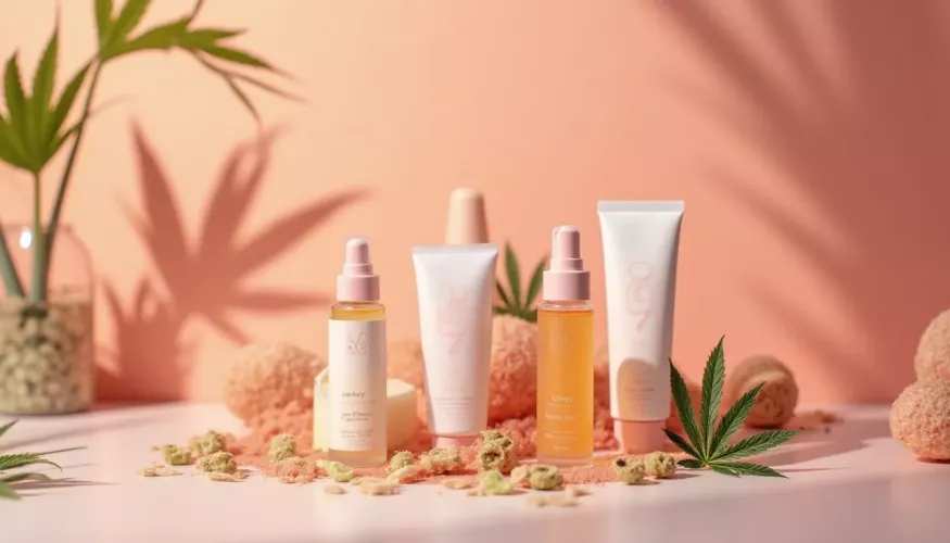 Cosmetic bottles with cannabis leaves against a soft pink background.