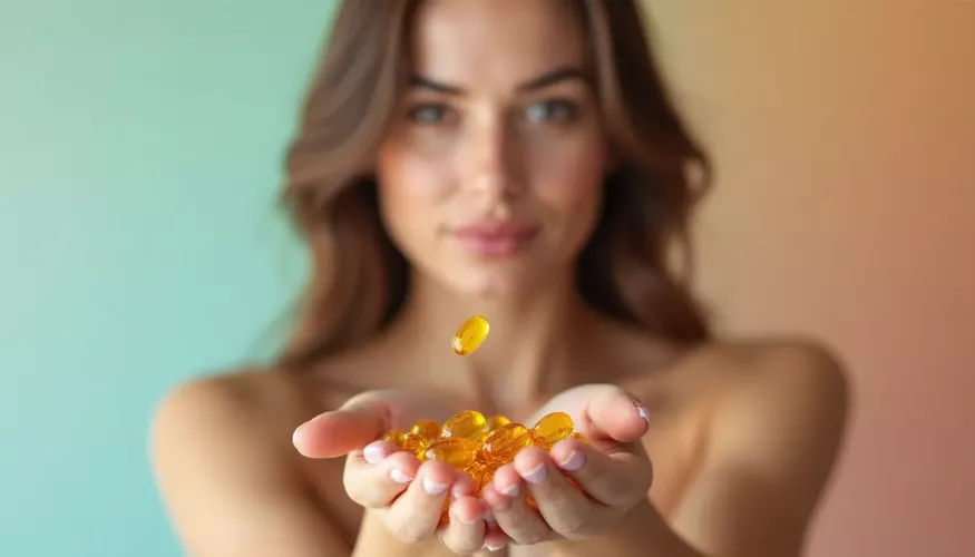 Woman holding golden capsules in her hands, with a soft gradient background.