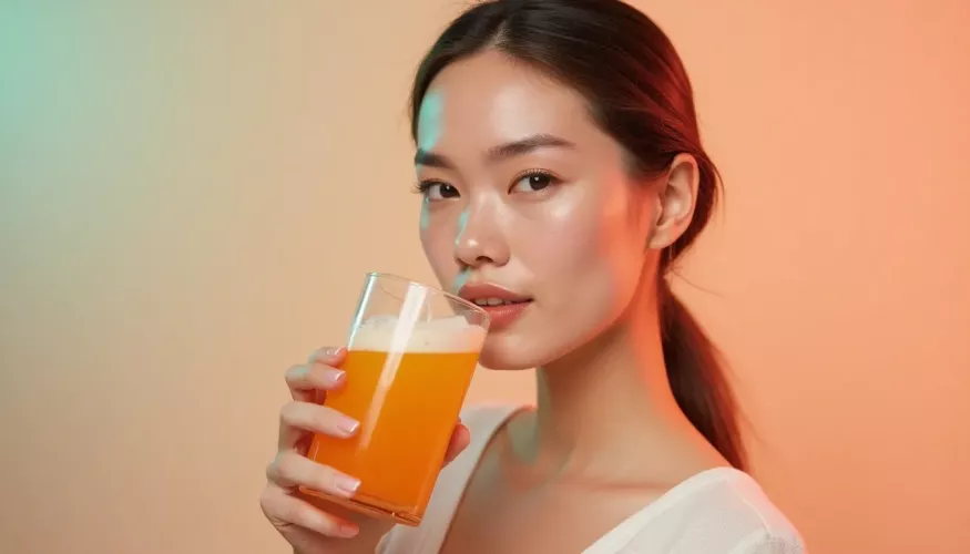 Woman holding a glass of orange drink, with soft lighting and a neutral background.