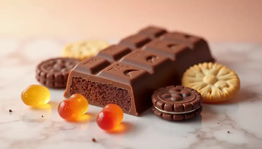 Chocolate bar with jelly candies and cookies on a marble surface.