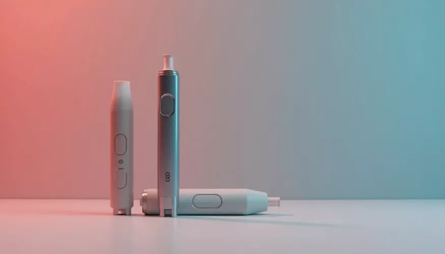 Three vaping devices in silver and white against a gradient background.