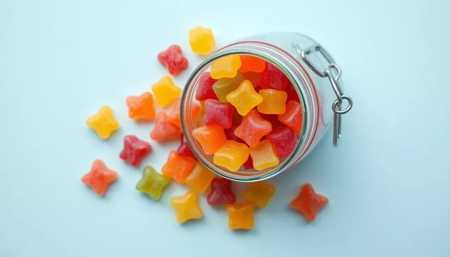 Background image of colorful gummy stars in a jar
