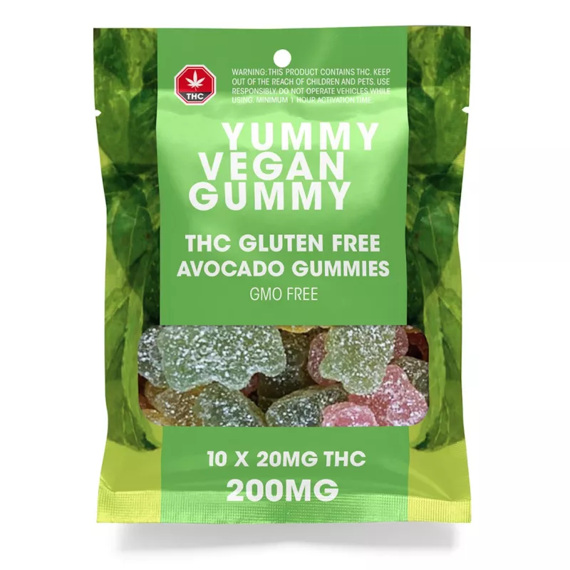 THC Vegan Gummies - 200mg Avocado & Gluten-Free Treats Vegan THC gummies in green package with dosage and health info.