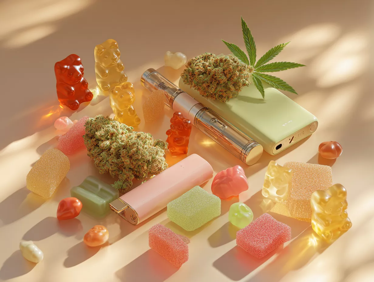 Background image of cannabis and candy arrangement