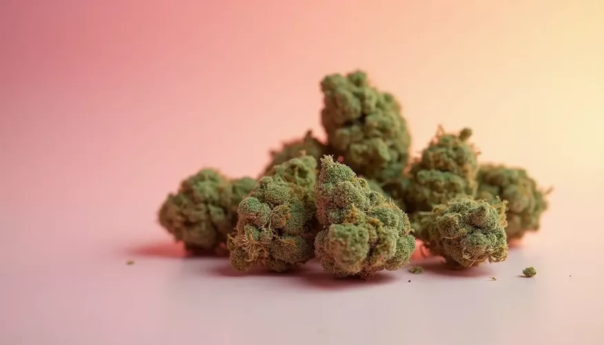 Green cannabis buds arranged on a soft pink background.